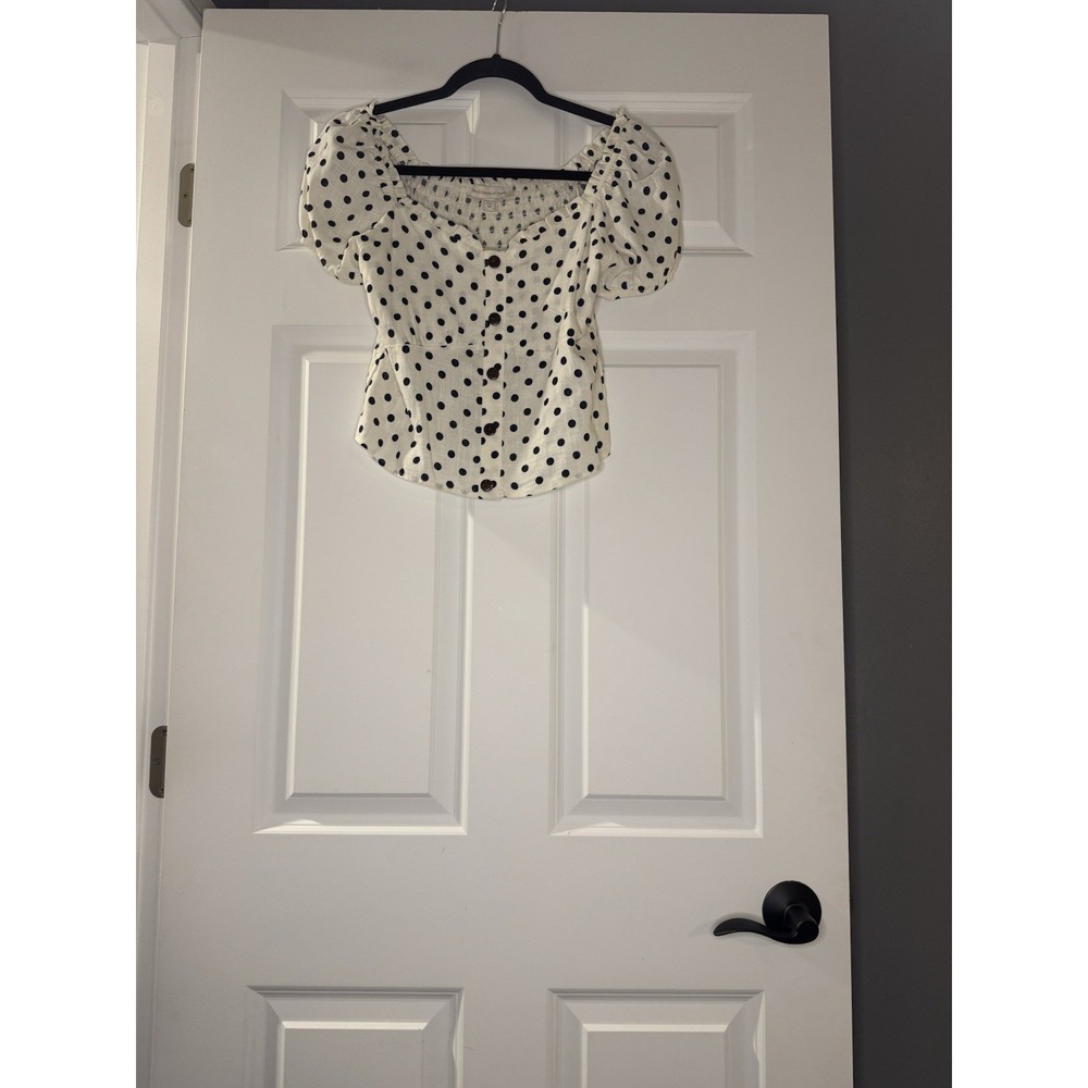 Monteau Los Angeles Polka Dot Puff Sleeve Crop Top Medium Linen Blend NWT